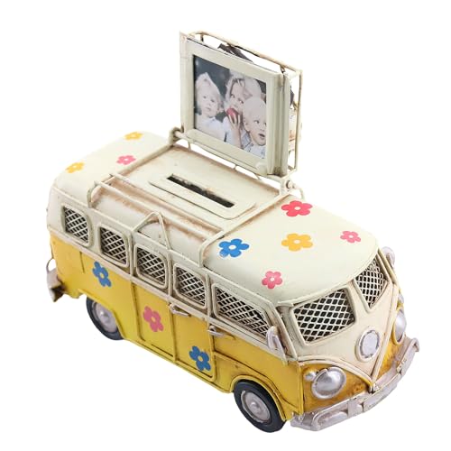 Vintage Camper Van Coin Bank with Photo Holder, Retro Hippie Van Decor with Tropical Flower Decals, Coastal Shelf Decoration, Yellow - color: Yellow (Money Bank)
