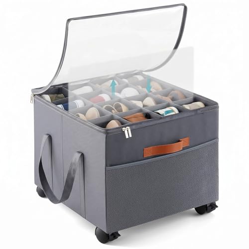 AceOrbit Large Rolling Shoe Organizer 360 Degree Wheeled Fits up to 16 Pairs, Storage Box with Brake and Clear Dust Cover, Adjustable Dividers, Protects Shoes from Dust and Moisture