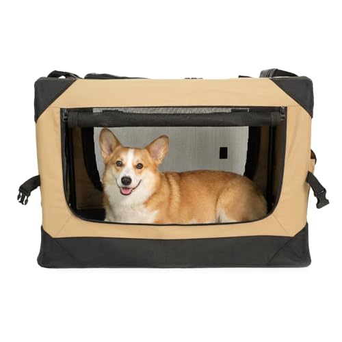 26 Inch Soft Collapsible Crate for Small Dogs, 4-Door Portable Foldable Soft Kennel with Chew Proof Mesh Windows for Indoor & Outdoor Travel Beige - color: Beige, size: 26.0"L x 18.0"W x 18.0"H