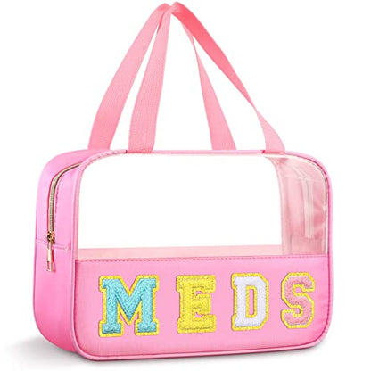 Silkfly Chenille Letter Medicine Meds Medical Bag Makeup First Aid Bag for Travel Preppy PVC Nylon Emergency Patch Cosmetic Toiletry Storage Pouch Waterproof with Handle Zipper for Women(Classic) - style: Classic