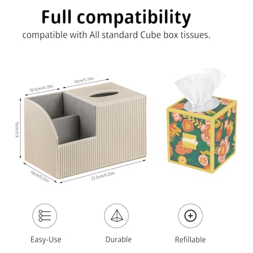 PU Leather Square Tissue Box Cover - Multi-Functional Tissue Box Holder, Tissue Box Cover with Storage,Tissue and Remote Control Holder, Cube Tissue Box Organizer Bedroom Nightstand End Table - color: Apricot