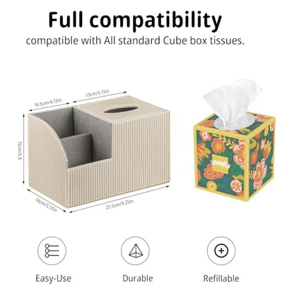 PU Leather Square Tissue Box Cover - Multi-Functional Tissue Box Holder, Tissue Box Cover with Storage,Tissue and Remote Control Holder, Cube Tissue Box Organizer Bedroom Nightstand End Table - color: Apricot