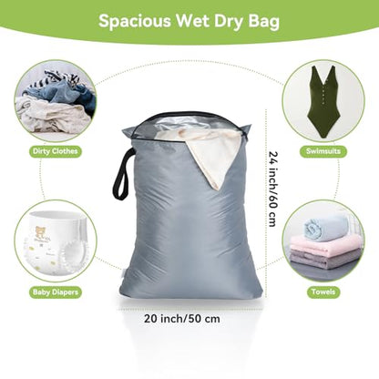 OTraki 2PCS Large Wet Bag 20x24 inch Waterproof Bag for Swimsuit Reusable Wet Dry Bag With Portable Handle Wet Clothes Storage Gym Bag for Beach Pool Drying do not exceed 176℉ Black & Grey - size: 20 x 24 inch