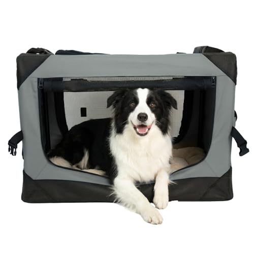 36 Inch Soft Collapsible Crate for Large Dogs, 4-Door Portable Foldable Soft Kennel with Chew Proof Mesh Windows for Indoor & Outdoor Travel Grey - color: Grey, size: 36.0"L x 25.0"W x 25.0"H