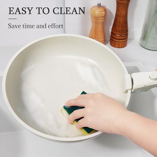 GiPP Non Stick Frying Pans Set Removable Handle, Oven Safe Nonstick Fry Pan Skillets with Detachable Handle, Granite Coating Healthy Cooking Compatible with All Stovetops, PFOA Free, RV Cookware set - color: White, size: 3PCS