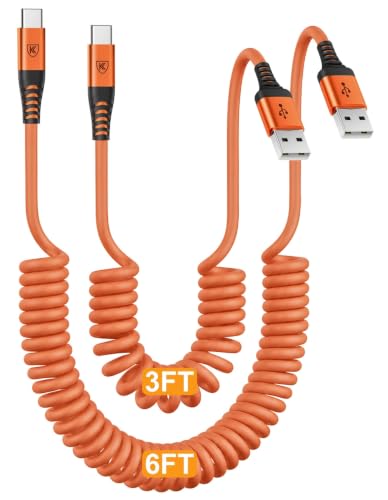 Coiled USB A to USB C Cable for Car [3FT+6FT], USB to USB C Cable Fast Charging 60W, USB Type C Cable iPhone Charger USBC Cord for iPhone 17/16/15/Pro Max/Plus/Samsung Galaxy S26/S25/Ultra-Orange - color: Orange, size: 3FT+6FT