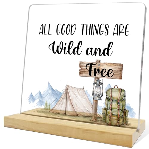 Camping Enthusiast Gifts,All Good Things are Wild and Free Acrylic Sign Home RV Camper Decor - color: Orange