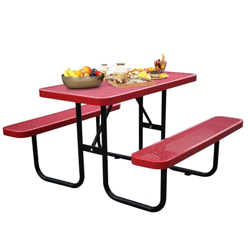 4FT Rectangular Metal Picnic Table for Outdoors, Commercial Steel Metal Picnic Tables, Heavy Duty Sturdy Picnic Tables Furniture Set for Patio Garden Courtyard BBQ, with Umbrella Hole, Red - color: Red, size: 4FT Rectangular