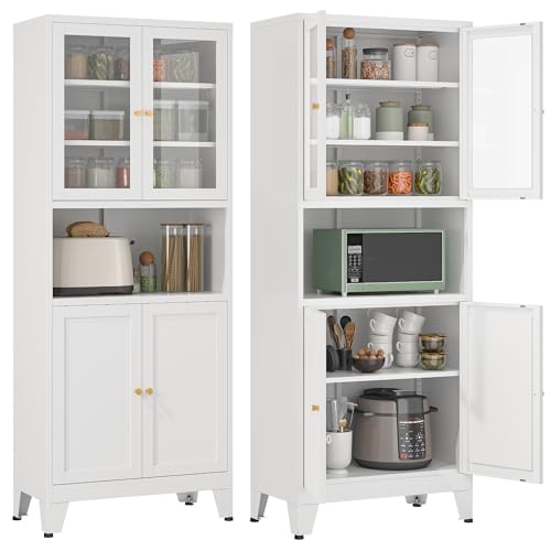 YAUWOH 69" Tall Metal Pantry Cabinet with Microwave Shelf, 2 Glass Doors & 3 Adjustable Shelves, 120LBS Per Shelf Heavy Duty Storage Cabinet with Anti-Tip Design for Kitchen,Dining Room (1PC,White) - color: White, size: 69"H-Glass Doors