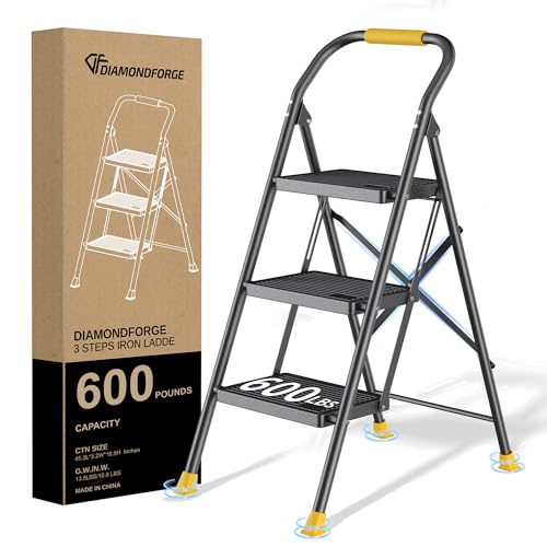 DIAMONDFORGE 3 Step Ladder Foldable Folding Stool - for Home Adults Kitchen, Iron, Black, Extension Tall Heavy Duty with Handrails - Closet Stepstool Extendable Stepladder for Indoor House 600 lbs - color: Black and Yellow, size: 3 Step without Tool Platf