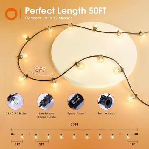 addlon 50FT LED Outdoor String Lights, G40 Globe Patio Lights Dimmable with 27 Shatterproof Bulbs for Backyard Patio House Balcony Party Decor - size: 50FT(25 Sockets)