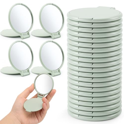 24 Pcs Mini Light Green Compact Mirror Bulk for Women Small Round Portable Green Mirror Makeup Folding Pocket Travel Accessories for Woman Graduation Party Favor Coworker, 2.8 x 2.4 Inch - color: Light Green