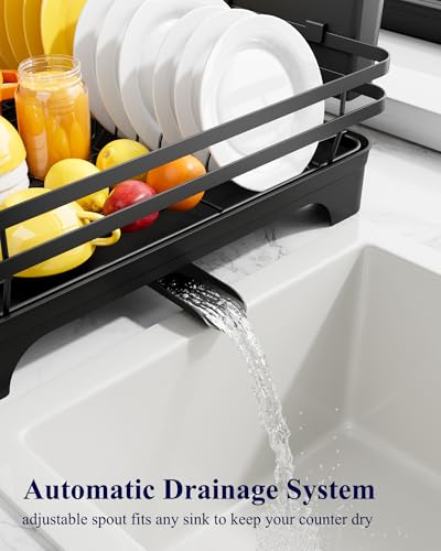 Kitsure Dish Drying Rack - Multi-Functional Dish Rack for Kitchen Counter with Cutlery Holder, Rust-Proof Storage Solution with Rotatable, 15.7" x 12.0" x 5.5", Black - color: Black