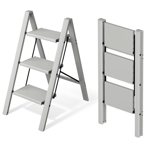 Mayi Plus 3 Step Ladder,Aluminum Folding Step Stool for Adults,Step Ladder with Wide Anti-Slip Pedal,330 lbs Capacity for Home,Office,Kitchen,Library(Grey) - color: Gray, size: 3 Step