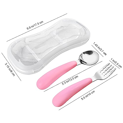 VANRA 2 Pieces Toddler Fork and Spoon Set with Travel Case 18/8 Stainless Steel Toddler Utensils Kids Silverware Children Flatware Child Cutlery Set for School Lunch Box (Pink) - color: Pink
