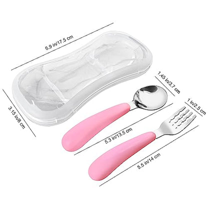 VANRA 2 Pieces Toddler Fork and Spoon Set with Travel Case 18/8 Stainless Steel Toddler Utensils Kids Silverware Children Flatware Child Cutlery Set for School Lunch Box (Pink) - color: Pink
