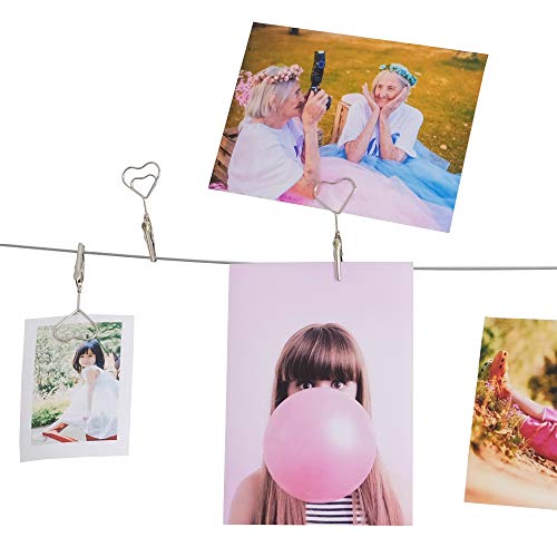 Multi-Purpose Steel Wall Hanging Photo Display Cable Wire Rod with 12 Adjustable Clips for Hanging Photos Notes Postcard and Artworks (Heart) - size: Heart