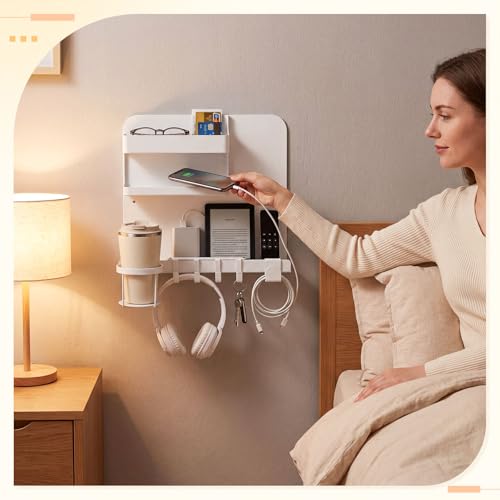 Novabright White 13 x 10 Inch Bedside Wall Organizer for Bedroom, Large Metal Floating Bedside Shelf Wall Mount Storage for Phone Remote Control Cup Holder Dorm Room, Rv, Small Room Accessories