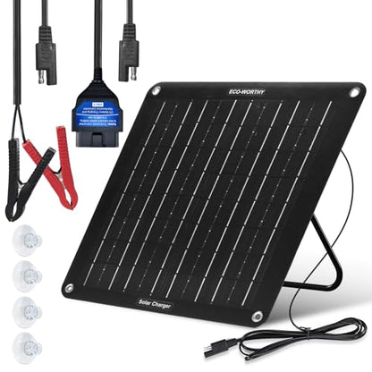 ECO-WORTHY Upgraded OBDII 10W Solar Battery Trickle Charger Maintainer-12V Waterproof Solar Panel Trickle Charger Kit with Portable Stand for Car Truck Boat Mower RV Trailer ATV Marine Battery - size: 10W