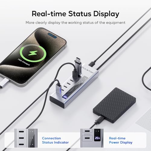Powered USB C Hub, PULWTOP 7 in 1 USB C Hub Support Data 10Gbps & Charging(Not Support Video), USB C Powered Hub 10Gbps Ports for iMac, MacBook Pro/Air, iPad, XPS, USB Hub with 35W PD Power Adapter
