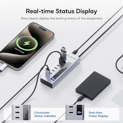 Powered USB C Hub, PULWTOP 7 in 1 USB C Hub Support Data 10Gbps & Charging(Not Support Video), USB C Powered Hub 10Gbps Ports for iMac, MacBook Pro/Air, iPad, XPS, USB Hub with 35W PD Power Adapter