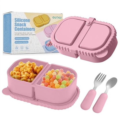 Silicone Snack Containers for Kids (8.5Oz, 2-Compartment)+ Kids Silicone Cutlery Set (Spoon and Fork) - BPA Free, Leak Proof, Great for Toddler/Kid/Adult Meal Prep Containers (pink) - color: pink