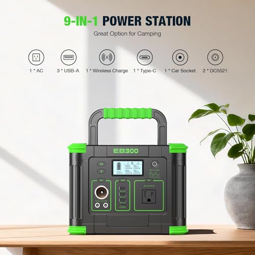 330W Portable Power Station 288.6Wh Solar Generator with 600W Peak, PD 60W USB-C, QC3.0 & 5W Wireless Charger for Camping, Emergency Backup, RV & Home Use - color: Green