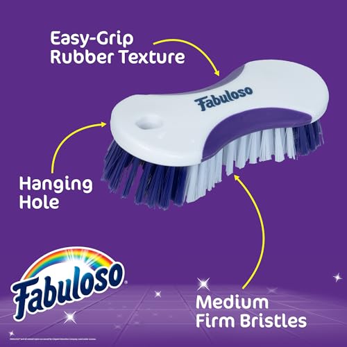 Fabuloso Cleaning Brush, Compact Hand Scrub Brush with Easy Grip Rubber Texture for Kitchen, Bathroom, Tile, Baseboards and Floors, Firm Bristles for Indoor Surface Cleaning, White & Purple, 6 Inch - size: Hand-Held Scrub Brush