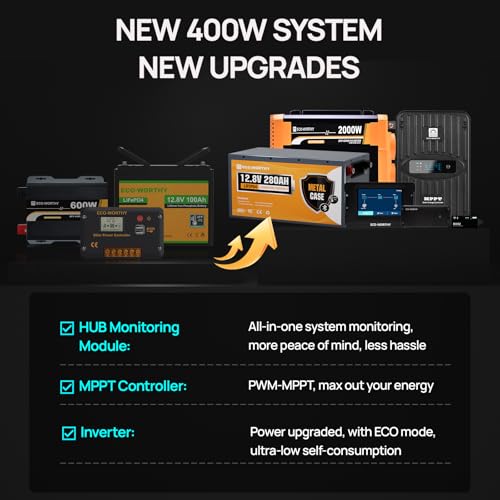 [Ultra] ECO-Worthy 12V 400W Complete Solar Panel Kit for RV Off Grid Travel Trailer : 4 * 100W Solar Panel + 40A MPPT Controller + 12V 280Ah Lithium Battery + 2000W Power Inverter+Monitor Module - style: Ultra 400W 12V Complete Kit