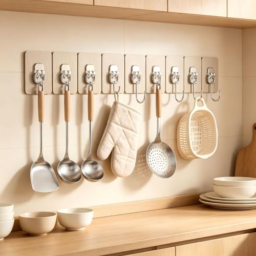 Large Hooks for Hanging Heavy-Duty 44Ib(Max) 10 Packs, Wall Hangers Without Nails Self-Adhesive Traceless Clear and Removable, Waterproof and Rustproof Multiple Uses for Bathroom Kitchen Home - color: Brown
