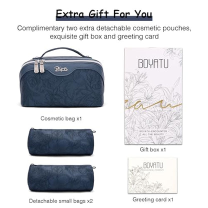 BOYATU Travel Makeup Bags Cosmetic Organizer Bag: 3-Set Large Capacity Make up Bag - PU Leather Toiletry Bags for Women - Wide Open Portable Pouch with Divider & Handle (02-Dark Blue) - color: 02-Dark Blue
