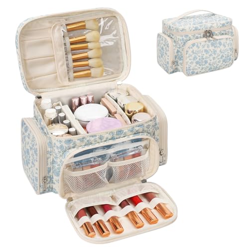 Bagmoly Large Cotton Makeup Bag, Quilted Floral Makeup Bag Organizer for Women Girls with Makeup Brush Compartment & Two Side Pockets, Cosmetic Travel Bag Vertical Storage- Blue Flower - color: 01-Blue Flower, size: Medium