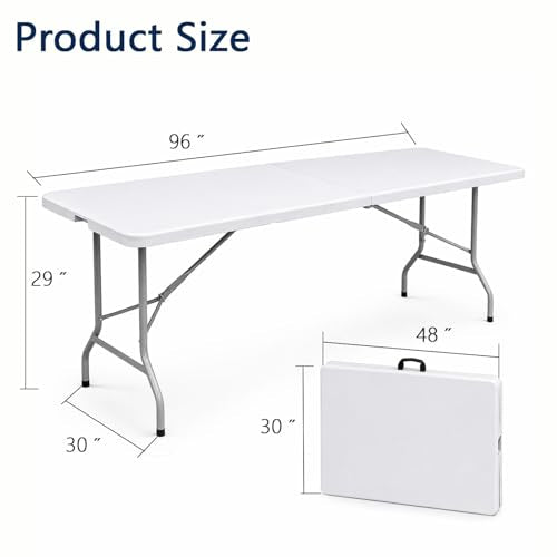 8ft Folding Table, Heavy Duty Plastic Table with Handle, White | Foldable Spacious Tabletop, Extra Large, Portable for Indoor & Outdoor Use, for Camping, Picnic, Wedding, Party, Gathering - size: 8FT