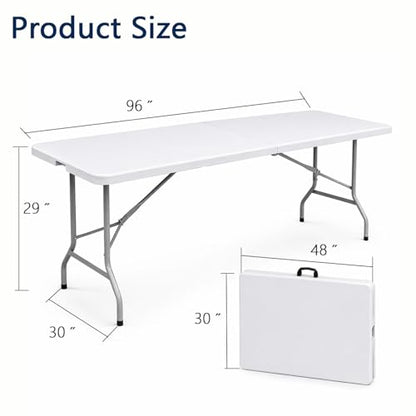 8ft Folding Table, Heavy Duty Plastic Table with Handle, White | Foldable Spacious Tabletop, Extra Large, Portable for Indoor & Outdoor Use, for Camping, Picnic, Wedding, Party, Gathering - size: 8FT