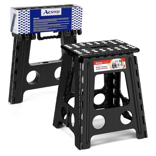 ACSTEP Folding Step Stool 16 Inch Heavy Duty Step Stool Foldable for Adults and Kids, Collapsible Stepping Stool with Handle, Non Slip Folding Stools for Kitchen Hold Up to 400lbs (Black 1PC) - color: Black, size: 16 Inch( Pack of 1)