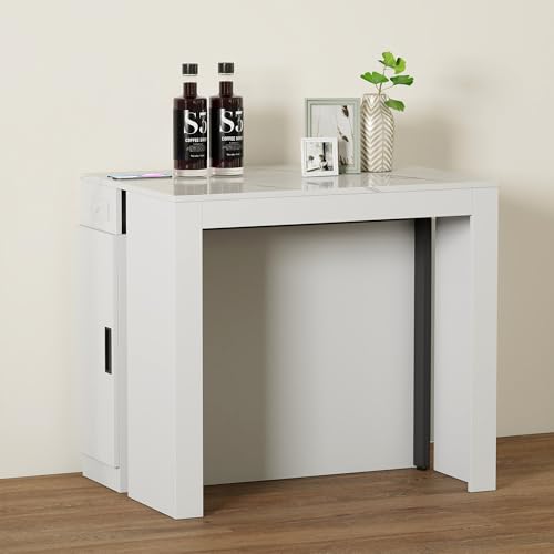 Extendable Dining Table with Storage, Transformer Extra Console Table for 1-12 People, Folding Space Saving Dining Room Table with Built-in Outlet for Homes, Apartments, Marble White - color: B3 Marble White