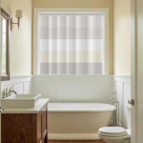 Boho Small Shower Window Curtain 48" Wx48 L White Grey Lines Waterproof Short Shower Curtain Set with Hooks Bohemian Stripe Shower Curtains for Bathroom - color: Beige, size: 48"W x 48"L (Pack of 1)