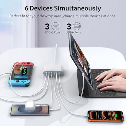 100W USB C Fast Charger Block Compact GaN 6 Port PD USB C and QC USB A Wall Charger Type C Charging Station Hub Adapter Plug Cube Brick for iPhone 17 16 15 14 Pro Max iPad Pro Air Samsung Pixel LG