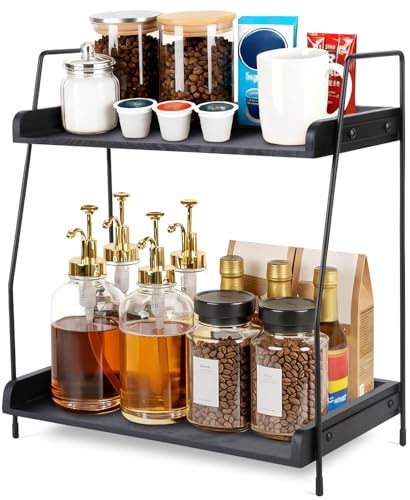 Coffee Bar Organizer for Countertop, 2-Tier Coffee Station Organizer with Metal Frame & Wooden Shelves, Coffee Accessories Organizer Rack for Pods, Syrups, Cups & Tea Bags (Black) - color: Black