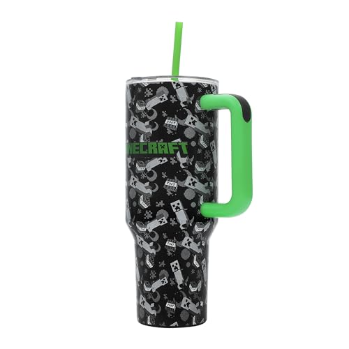 Bioworld Minecraft Creeper & TNT 40 Oz Black Stainless Steel Tumbler With Handle - color: Minecraft Creeper & TNT Blue