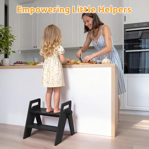 Wooden 2 Step Stool for Toddler Kids Bathroom Foldable 2-Step for Toilet Potty Training, Child Stepping Stool for Kitchen Nursery Bedroom - color: Black