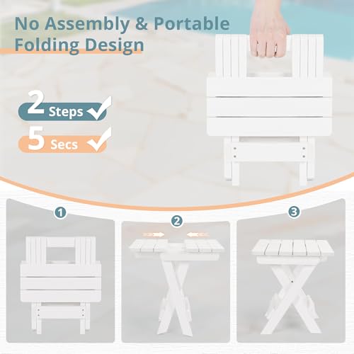 LUE BONA Small Outdoor Folding Side Table, HDPS Outside End Table for Patio, Porch, Deck, Pool, 14 Inch Height, White - color: White