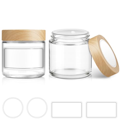 Small Glass Jars with Lids, 4 oz Glass Jars with Plastic Woodgrain Lids & Inner Liners, Reusable Travel Cosmetic Containers for Creams, Makeup, Lotion, Spice- 2 pack - color: Clear-2 Pack-4oz