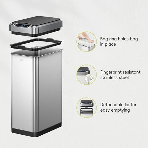EKO Phantom-T 50 Liter / 13.2 Gallon Vertical Motion Sensor Trash Can, Brushed Stainless Steel Finish - size: Phantom 50L - Stainless Steel