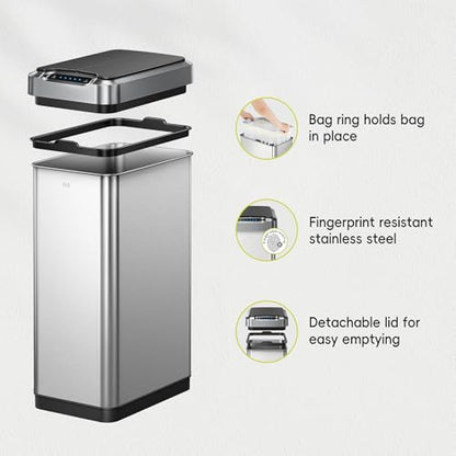 EKO Phantom-T 50 Liter / 13.2 Gallon Vertical Motion Sensor Trash Can, Brushed Stainless Steel Finish - size: Phantom 50L - Stainless Steel