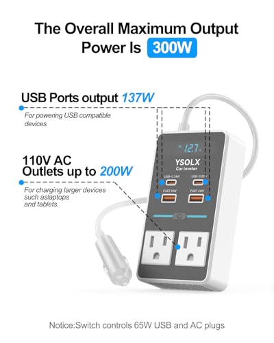 YSOLX 300W 12V to 110V Car Power Inverter, with Dual USB-A 24W and USB-C 65W, Dual AC Car Plug Adapter Outlet and Equipped with a Display Screen.Suitable for car Trips, Camping,Charging laptops - color: white