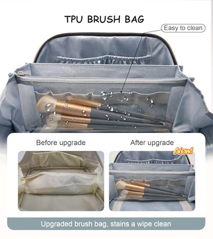 BOYATU Travel Makeup Bags Cosmetic Organizer Bag: 3 Pcs Set Large Capacity Floral Make up Bag with Compartments - Waterproof Leather Toiletry Bags with Handle for Women (01-Light Blue) - color: 01-Light Blue