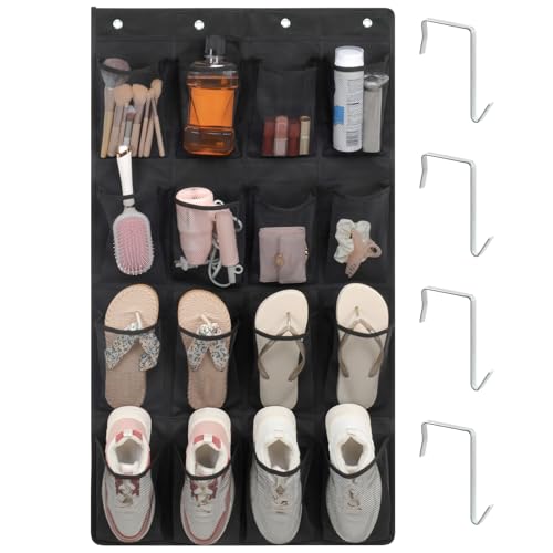 F-color 16-Pocket Hanging Organizer - Over the Door Shoe Organizer, Cruise Essentials for Cabin & RV, Breathable Mesh Storage Pockets, Space Saving Hanging Storage Holder with 4 Sturdy Metal Hooks - color: Black (M), size: M - 16 Pockets/4 Hooks