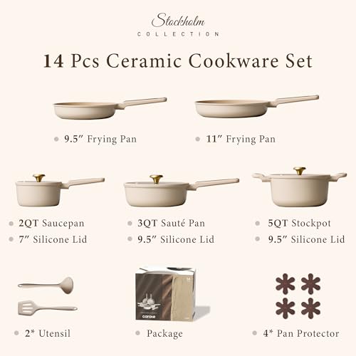 CAROTE Ceramic Cookware Set Nonstick, 14pcs Pots and Pans Set Nonstick, Non-Toxic & PFAS-Free, Dishwasher, RV/Camping Cookware Set, Cooking Pots with Lids, Light Taupe - color: Light Taupe, size: 14 Piece