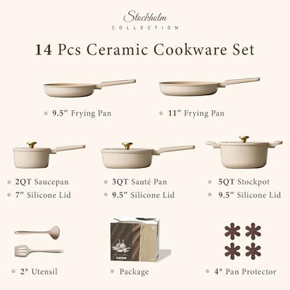 CAROTE Ceramic Cookware Set Nonstick, 14pcs Pots and Pans Set Nonstick, Non-Toxic & PFAS-Free, Dishwasher, RV/Camping Cookware Set, Cooking Pots with Lids, Light Taupe - color: Light Taupe, size: 14 Piece